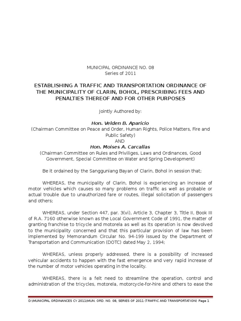 Mun. Ordinance No. 08 2011 Traffic and Transportation Traffic Ticket