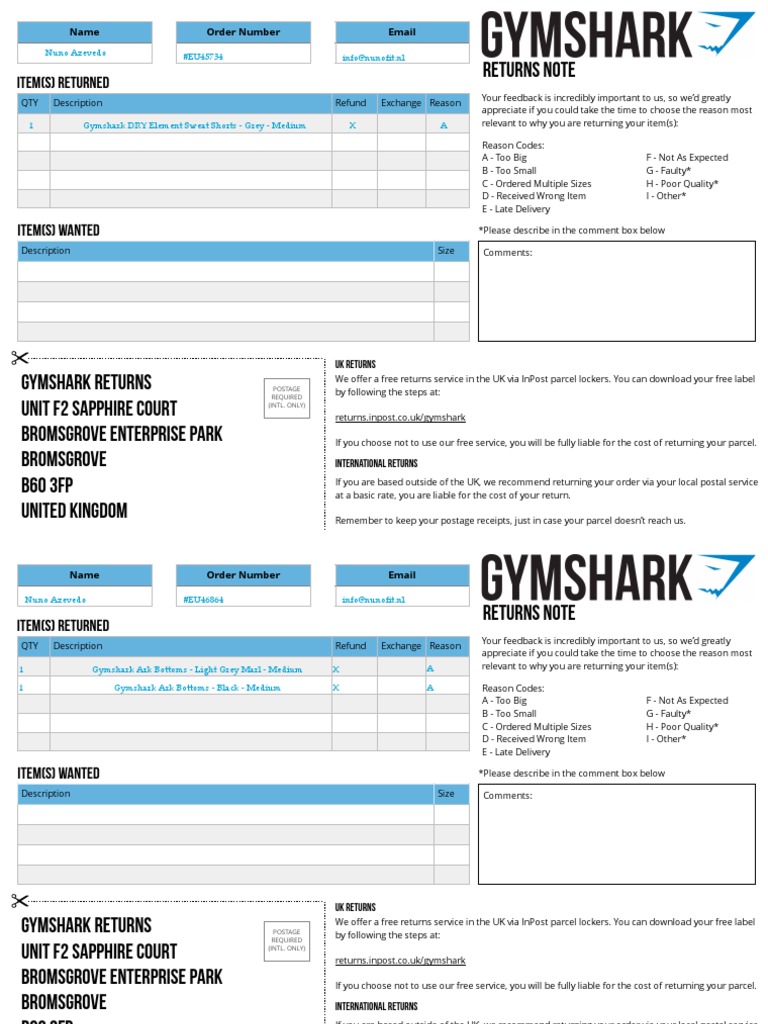 Gymshark Returns Note Mail Written Communication