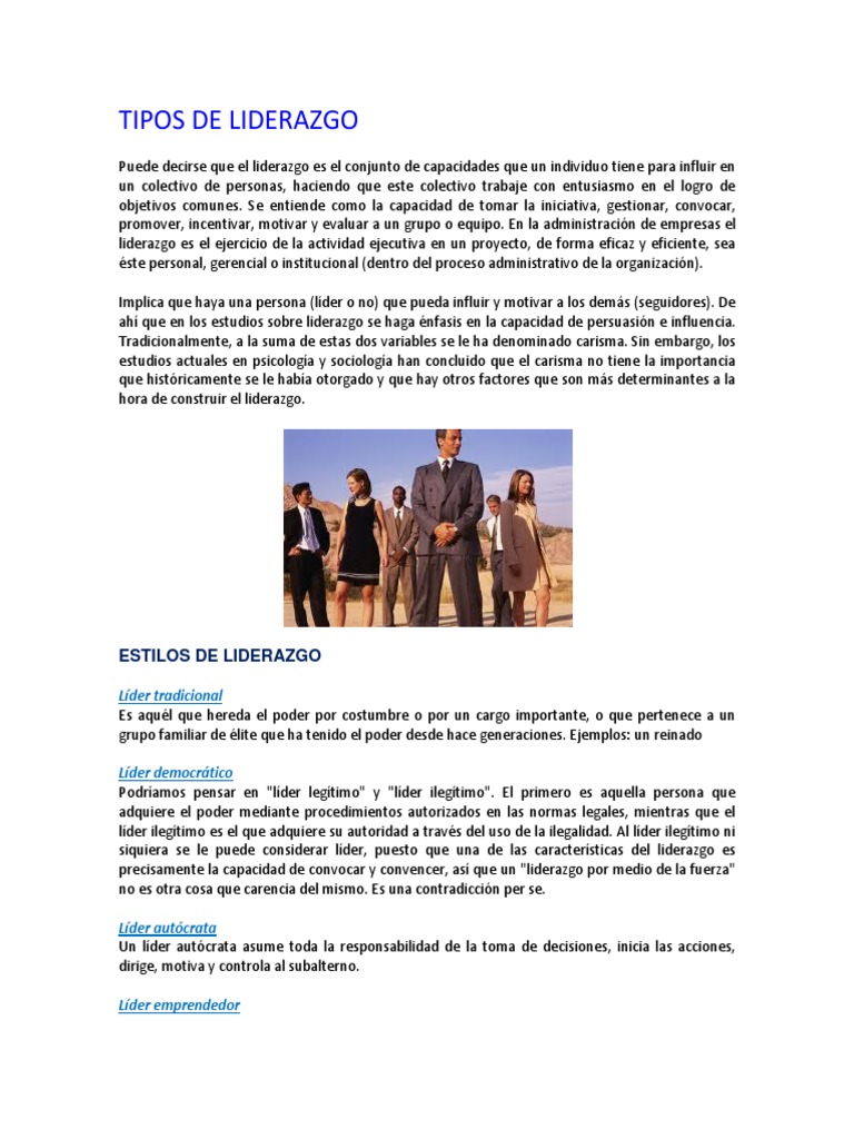Tipos de Liderazgo: Estilos y Enfoques | PDF | Liderazgo | Acción ...