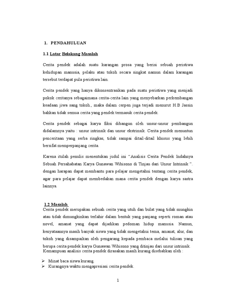 Analisis Cerita Pendek Indahnya Sebuah Persahabatan Karya Gunawan Wibisono Di Tinjau Dari Unsur Intrinsik