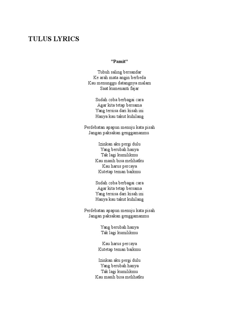 Tulus Pamit Lirik Hasil diatas adalah hasil pencarian dari anda lirik tulus pamit mp3 dan menurut kami yang paling cocok adalah lirik tulus pamit. tulus pamit lirik