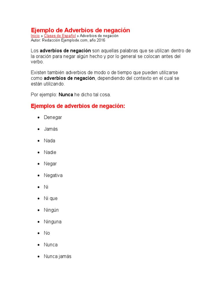 Ejemplo de Adverbios de Negación