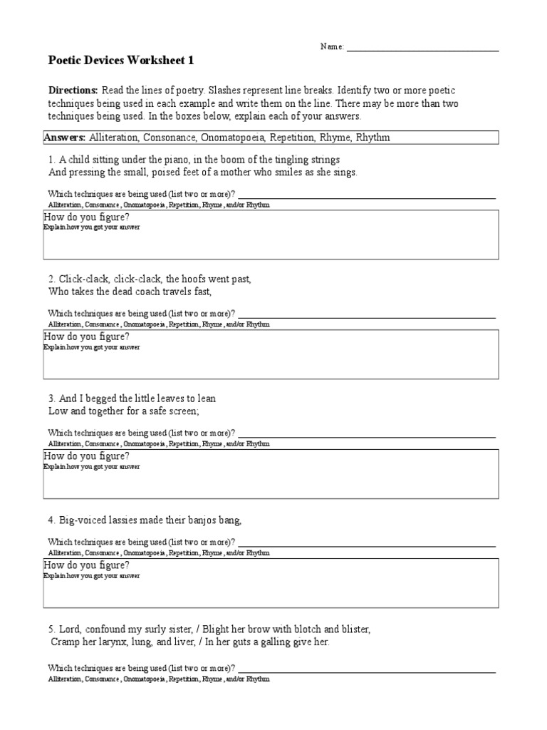 Poetic Devices Identification Worksheet | PDF | Rhyme | Poetry
