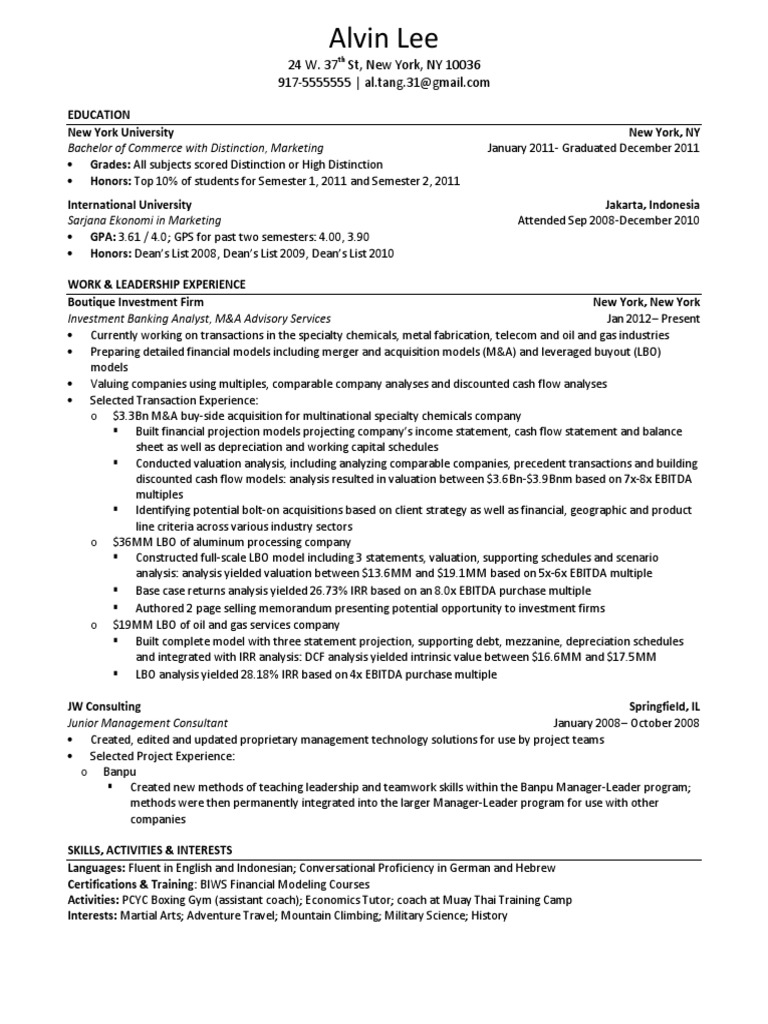 Sample Resume | PDF | Leveraged Buyout | Valuation (Finance)