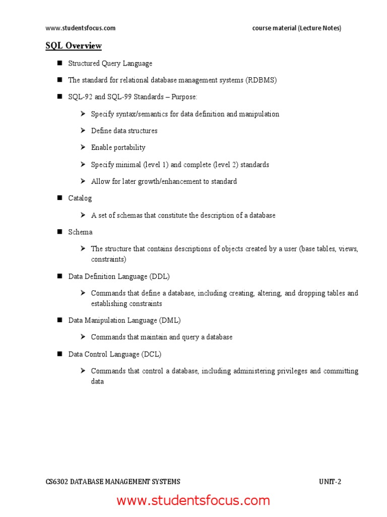 SQL Overview: Course Material (Lecture Notes) | PDF | Database ...