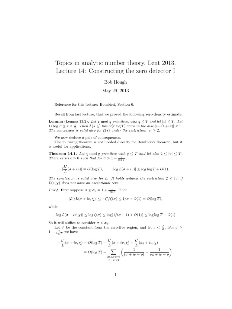 Topics in Analytic Number Theory, Lent 2013. Lecture 14 Constructing