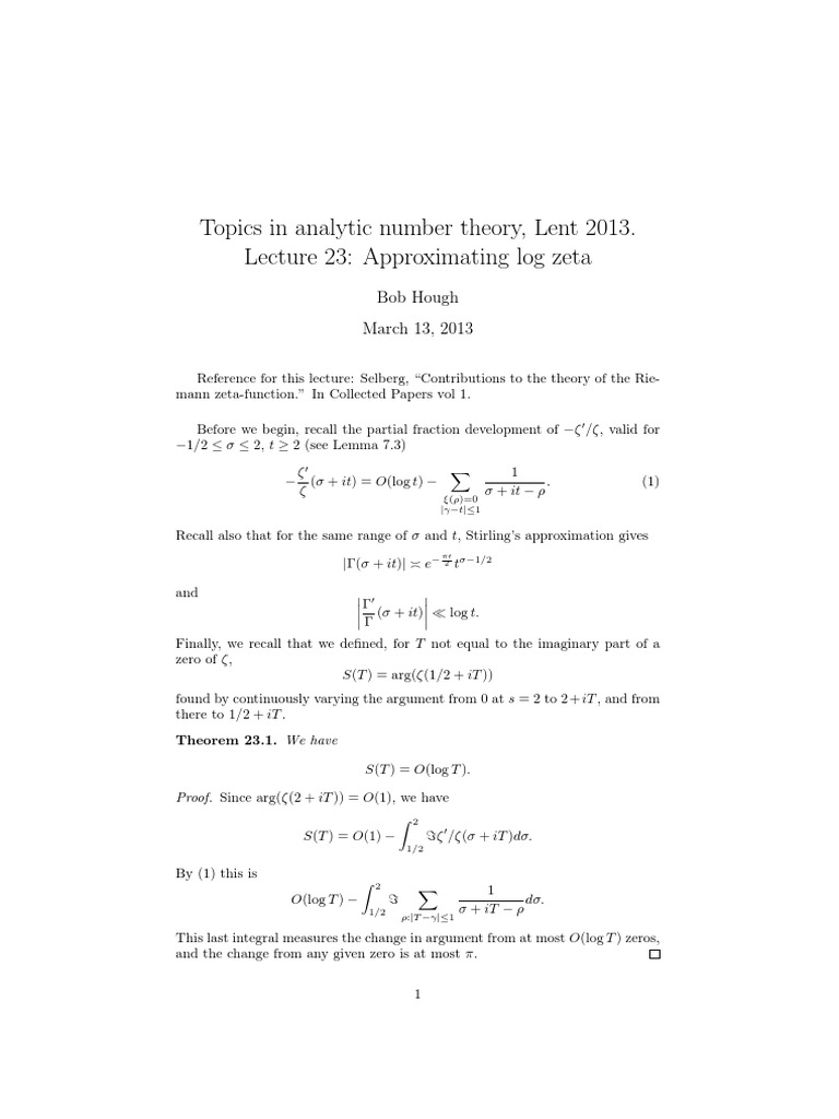Topics in Analytic Number Theory, Lent 2013. Lecture 23 Approximating