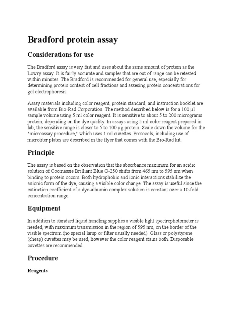 Bradford Protein Assay PDF Molecular Biology Laboratories