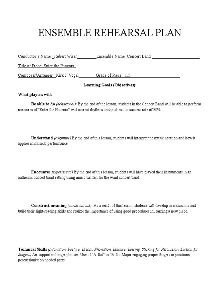 Ensemble Rehearsal Plan: Learning Goals (Objectives) : What Players ...