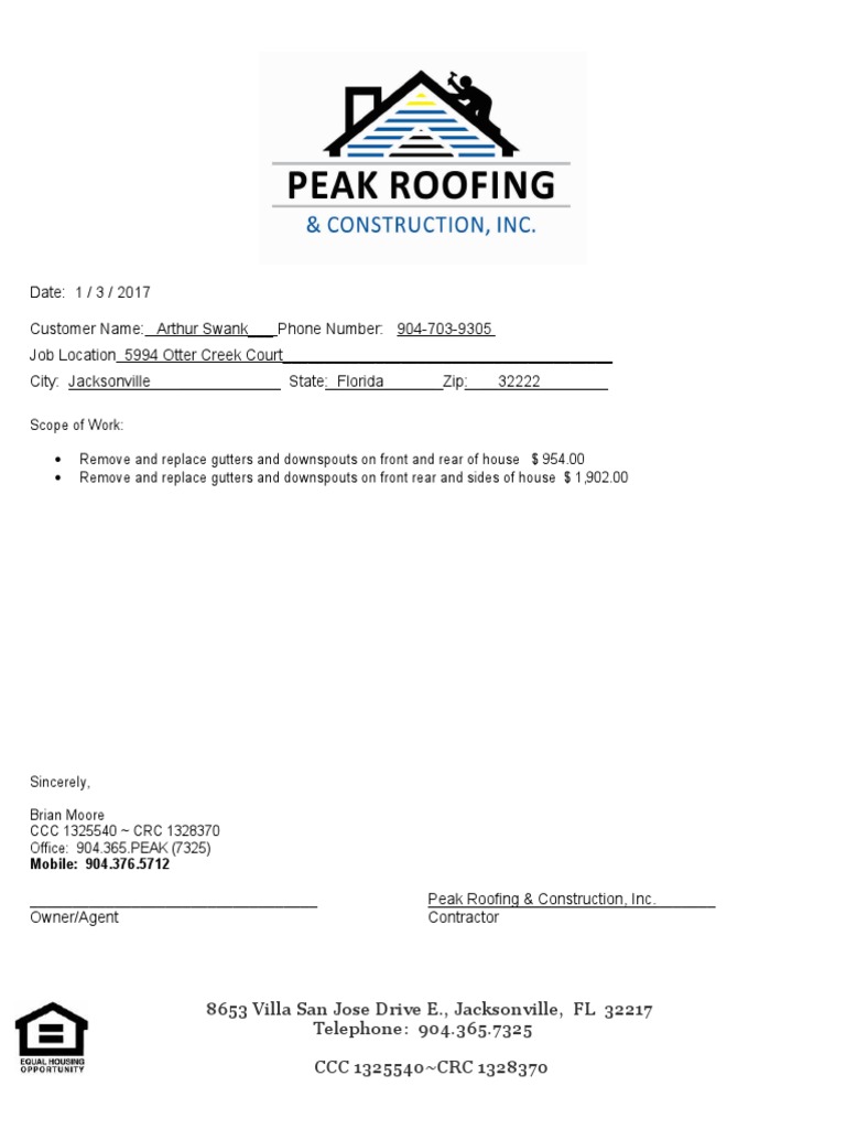 5994 Otter Creek Court Gutter Replacement QuoteArthur Swank PDF