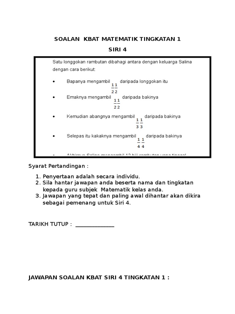 Soalan Kbat Matematik Tingkatan 1 Pdf