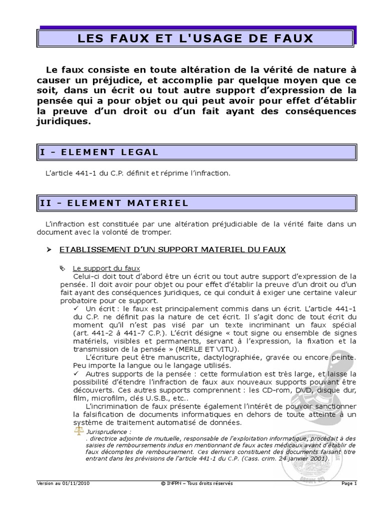 Faux Et Usage de Faux Document Mensonge