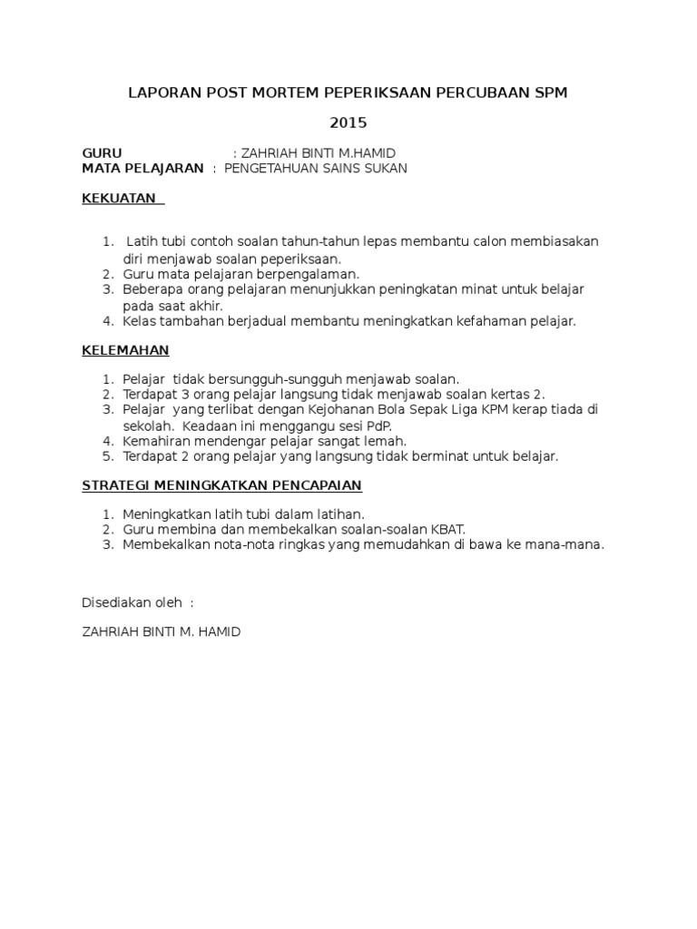 Laporan Post Mortem Peperiksaan Percubaan Spm Pdf