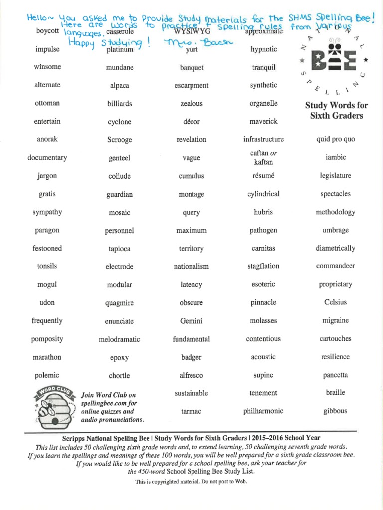 Spelling Bee Study Words Pdf Pdf