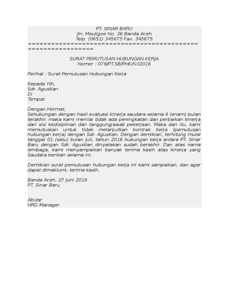 Contoh Surat Pemutusan Hubungan Kerja Pdf : Contoh Surat PHK dengan Berbagai Alasan - Contoh Surat / Memasukan perkara atas kesalahan yang dilakukannya pekerja/buruh.
