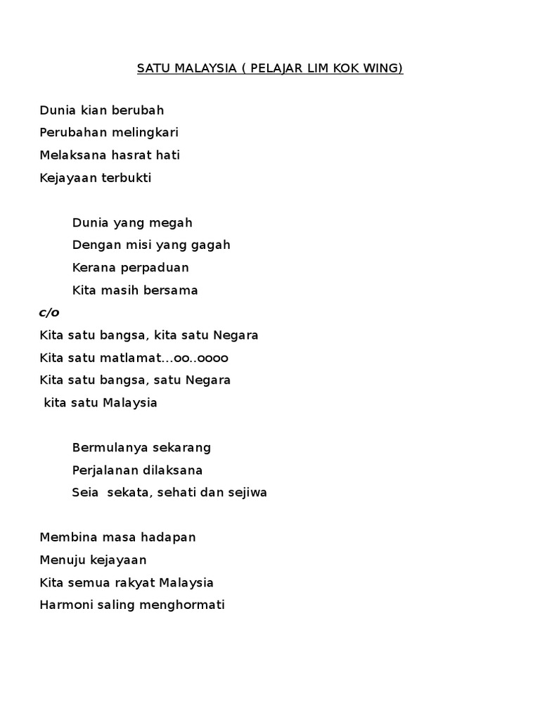 Lirik Satu Malaysia Lim Kok Wing Pdf