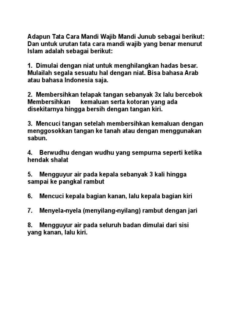 Adapun Tata Cara Mandi Wajib Mandi Junub Sebagai Berikut