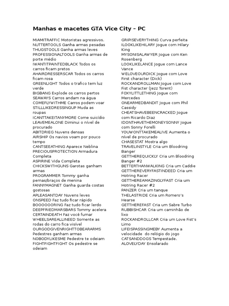 Manhas e Códigos para GTA Vice City PC | PDF | Jogos e Atividades ...