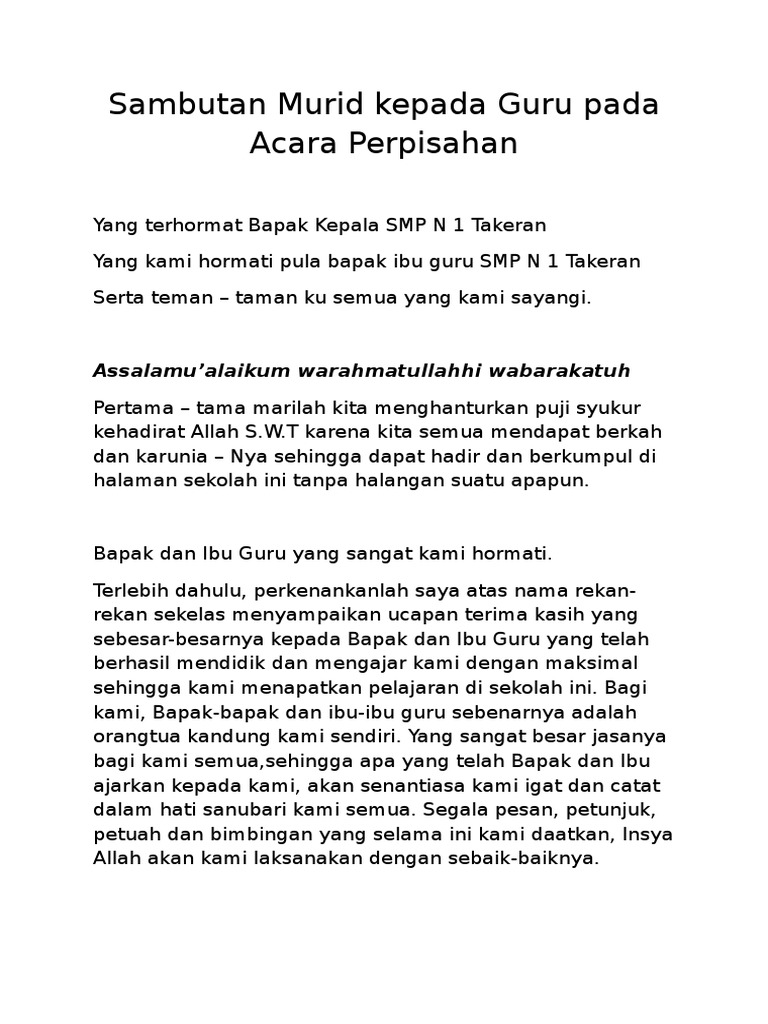 Pidato Sambutan Murid Kepada Guru Pada Acara Perpisahan Seputaran Guru