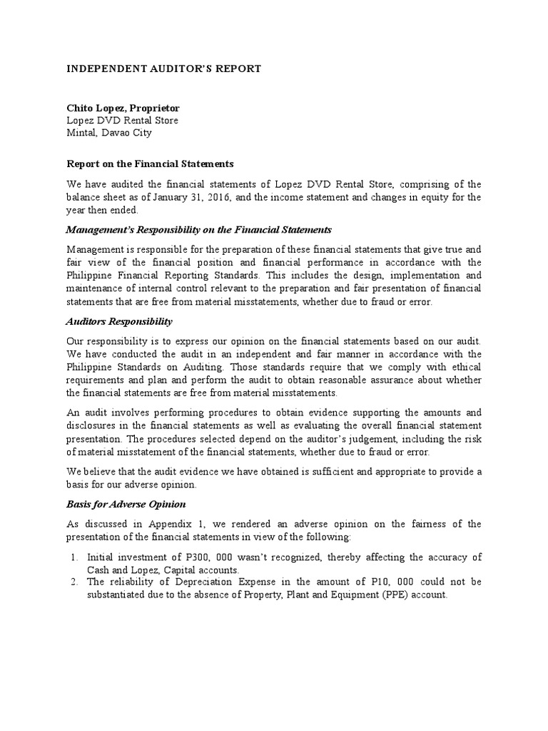 Audit Report Sample Audit Auditor's Report