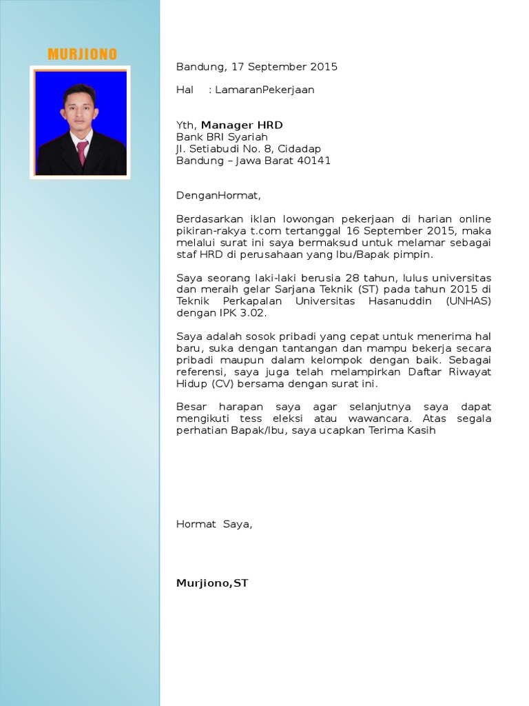 Contoh Surat Lamaran Bank Bri Syariah - Seputar Bank