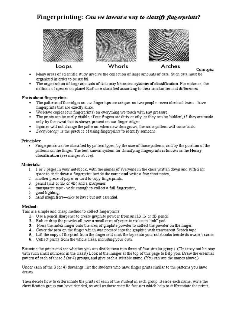 Classification of Fingerprints - Worksheet | Fingerprint