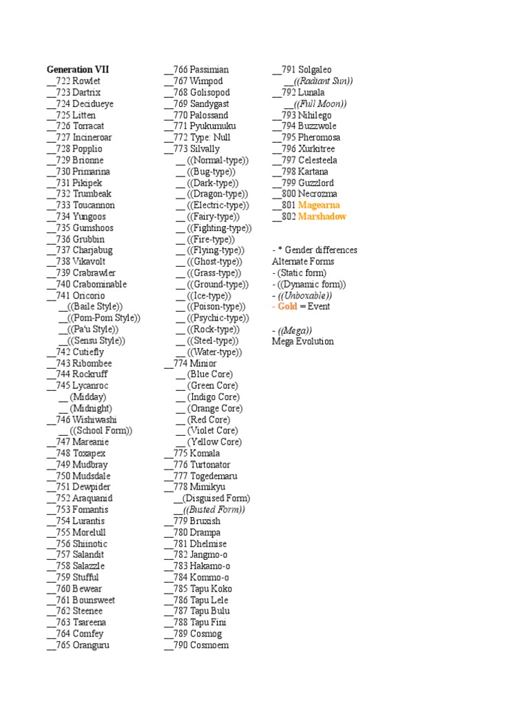 Generation 7 Pokémon Checklist PDF | PDF