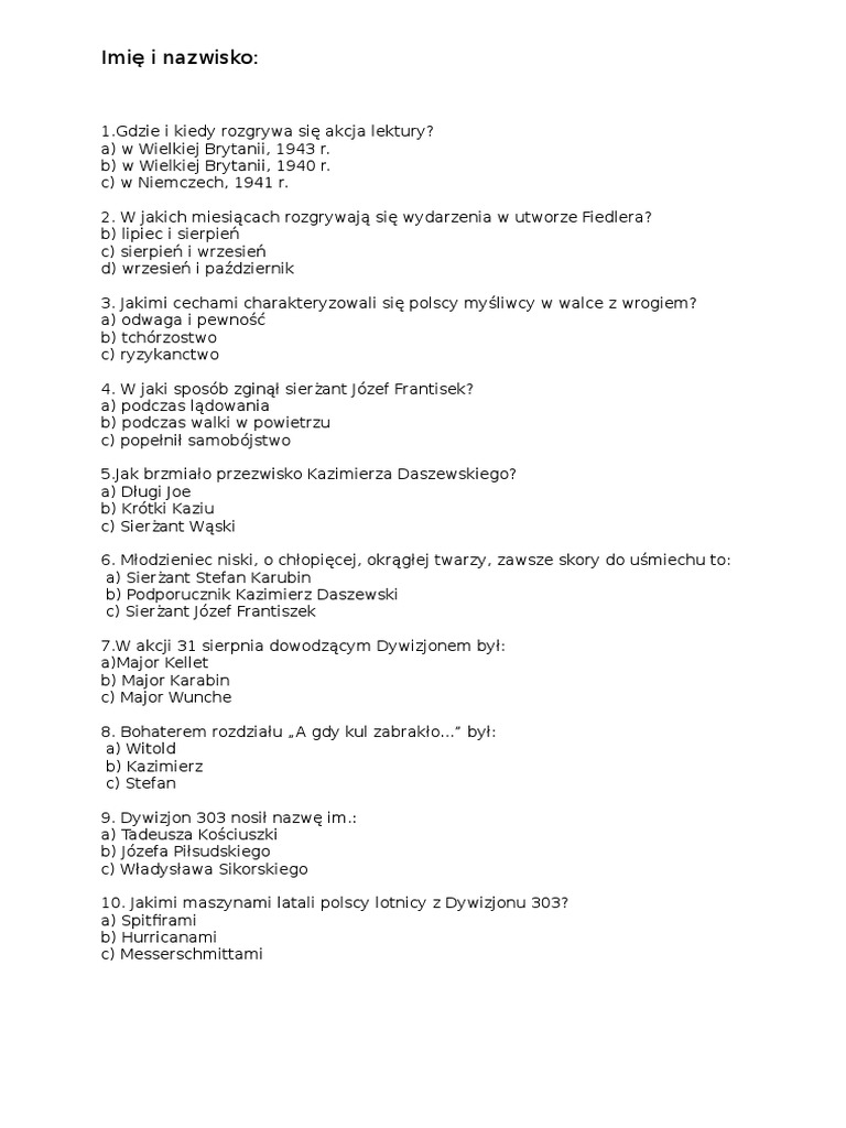 Test Z Lektury Dywizjon 303