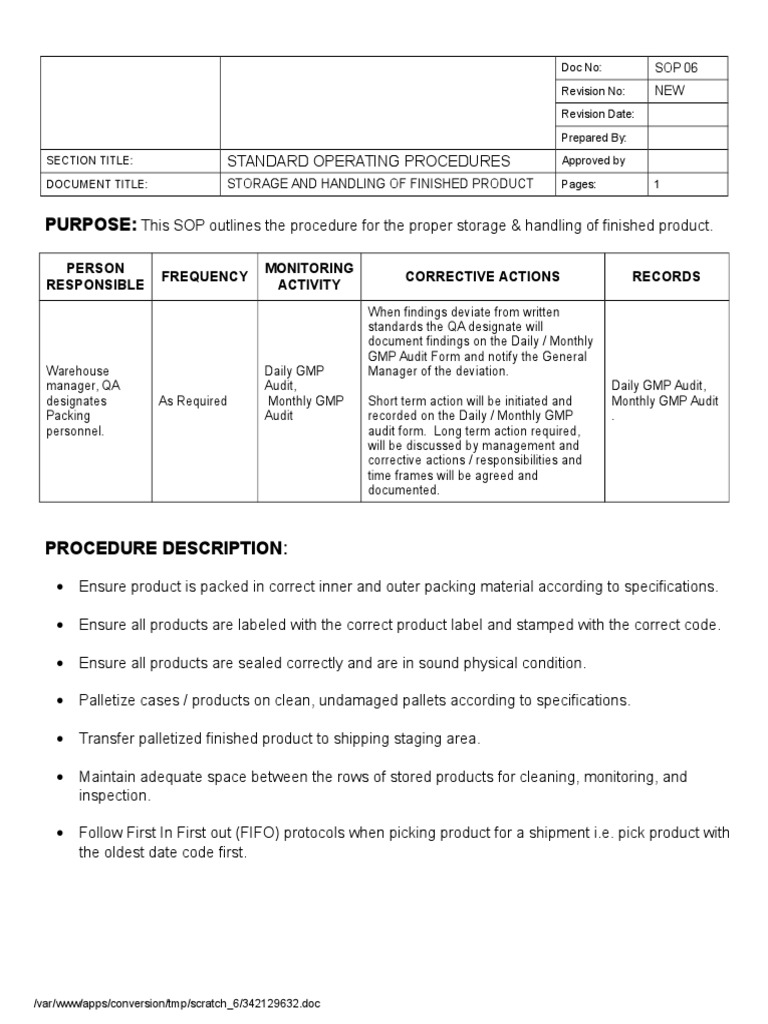 SOP Storage & Handling of Finished Product Warehouse Specification (Technical Standard)