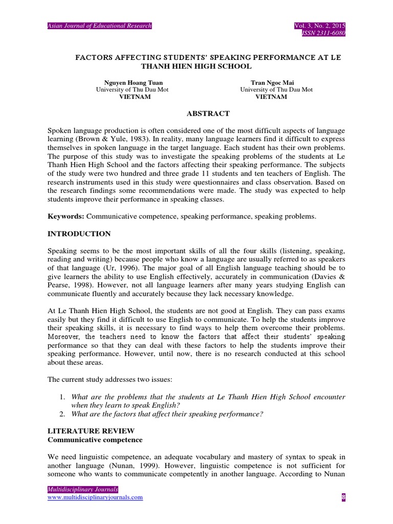 Factors Influencing Students' Speaking Skills | PDF | English As A ...