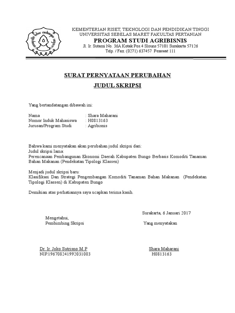 Contoh Surat Pernyataan Ganti Judul Skripsi / Contoh ...