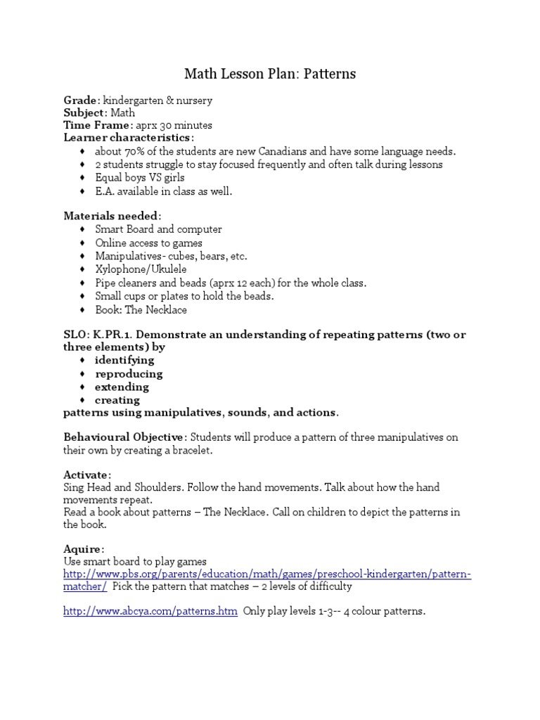 NK Math Pattern Lesson | PDF | Pedagogy | Cognitive Science