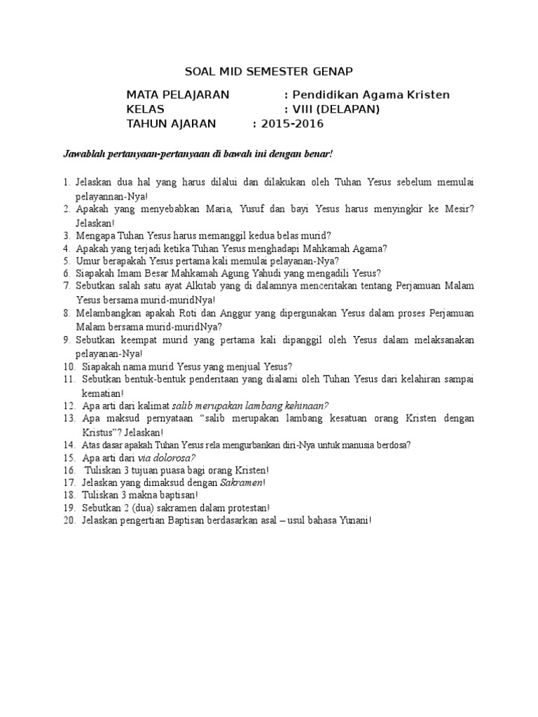 Soal Agama Kristen Kls 8 Pdf