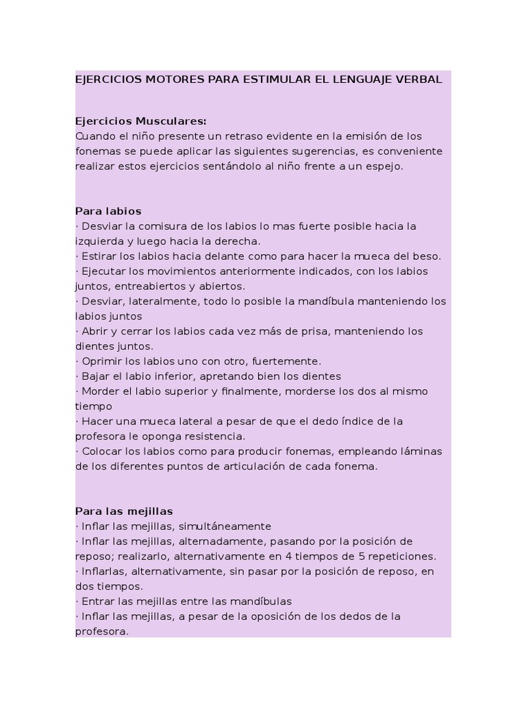 Ejercicios Motores para Estimular El Lenguaje Verbal | PDF | Salud y ...