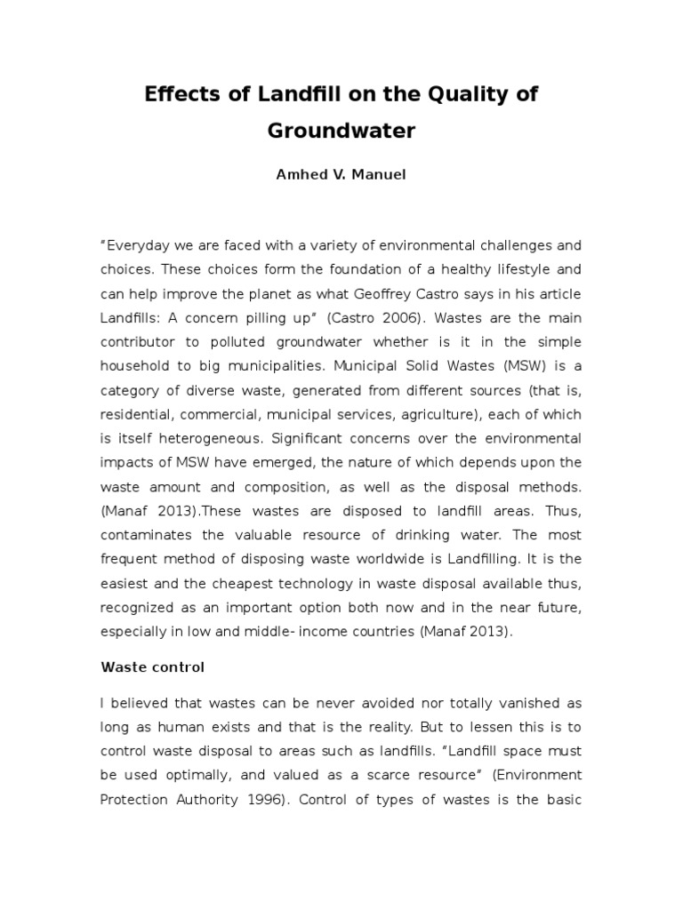 Effects of Landfill On The Quality of Groundwater LITREVIEW | PDF ...