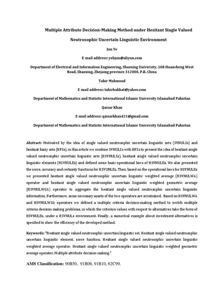 Hesitant Neutrosophic Decision-Making Method | PDF | Fuzzy Logic ...