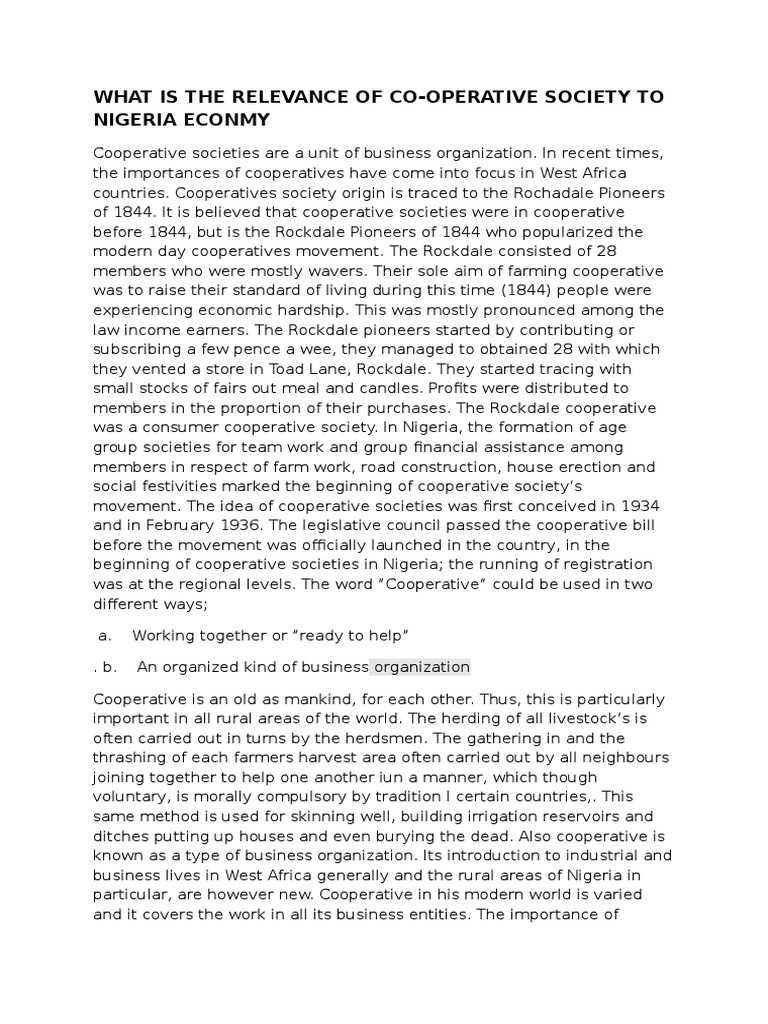 What Is The Relevance of CoOperative Society To Nigeria Econmy PDF Cooperative Nigeria