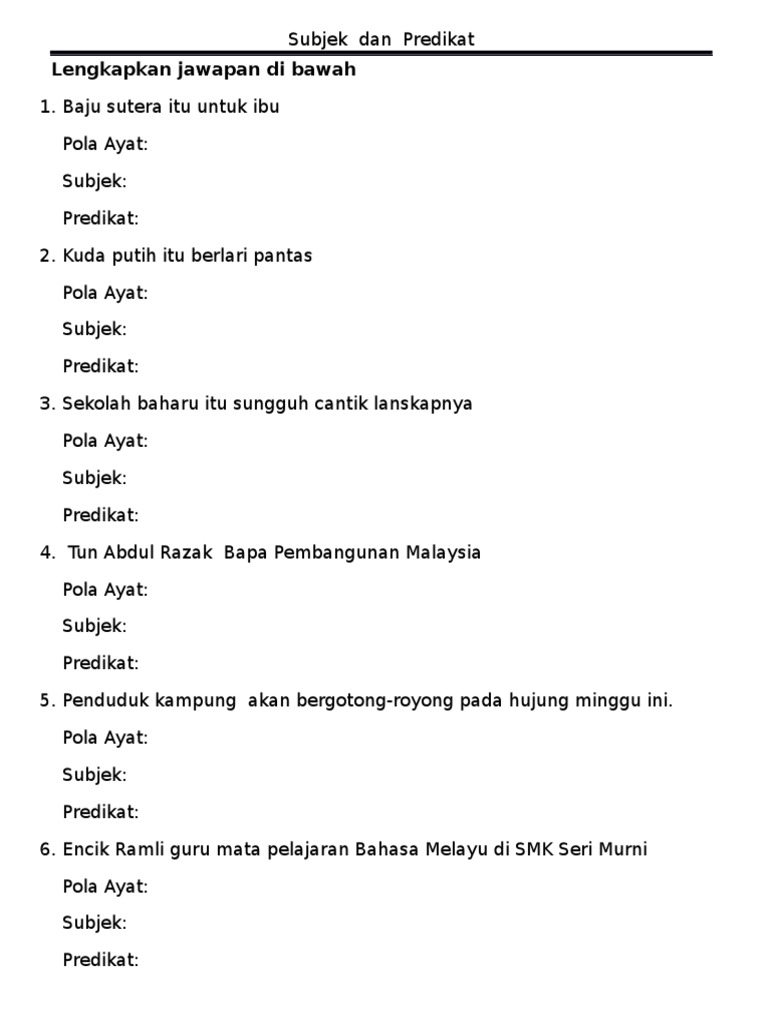Latihan Subjek Predikat Pola Ayat Pdf