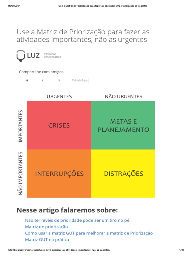 Use a Matriz de Priorização Para Fazer as Atividades Importantes, Não ...