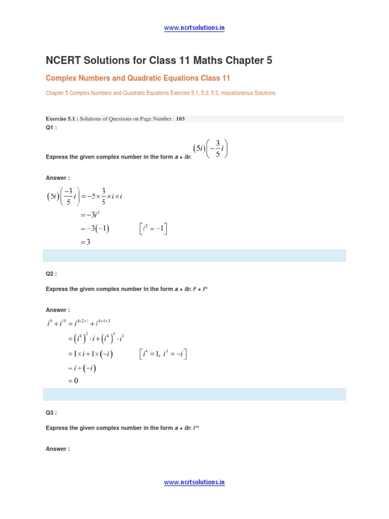 NCERT Class 11 Maths Complex Numbers Solutions | PDF | Quadratic ...