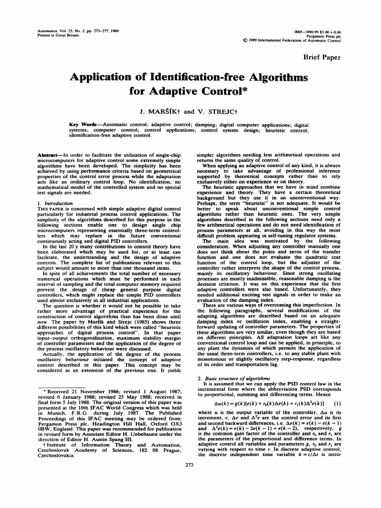 Identification-Free Adaptive Control | PDF | Control Theory | Control ...