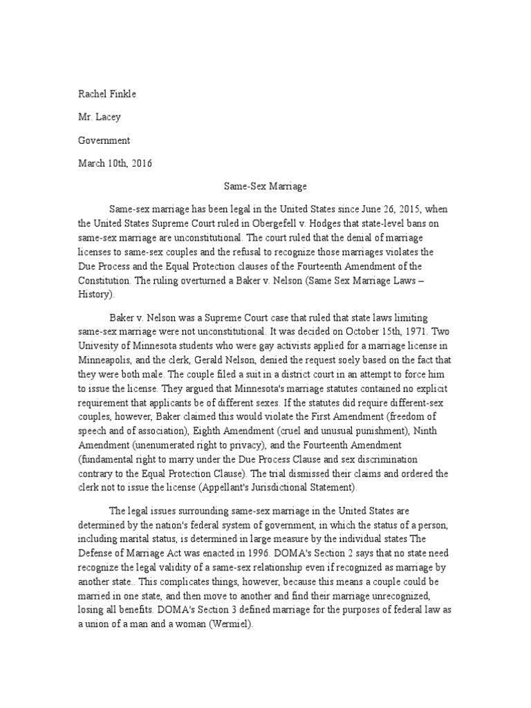 Same Sex Marriage Essay Defense Of Marriage Act Obergefell V Hodges 