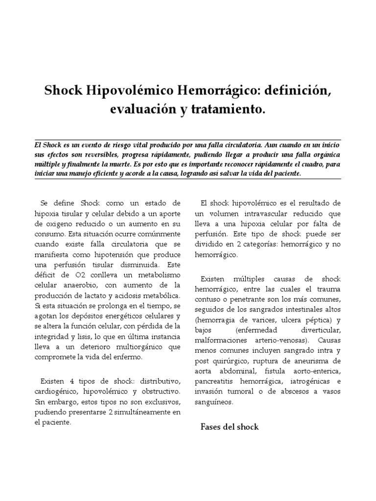 Shock Hipovolémico Hemorrágico: Definición, Evaluación y Tratamiento ...