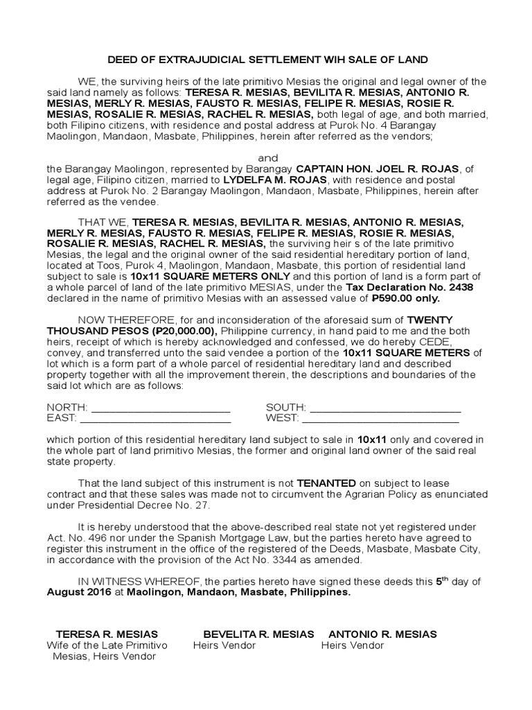Deed of Extrajudicial Settlement Wih Sale of Land | Download Free PDF ...