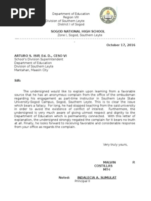 Letter of Explanation to Sir Arturo Isip