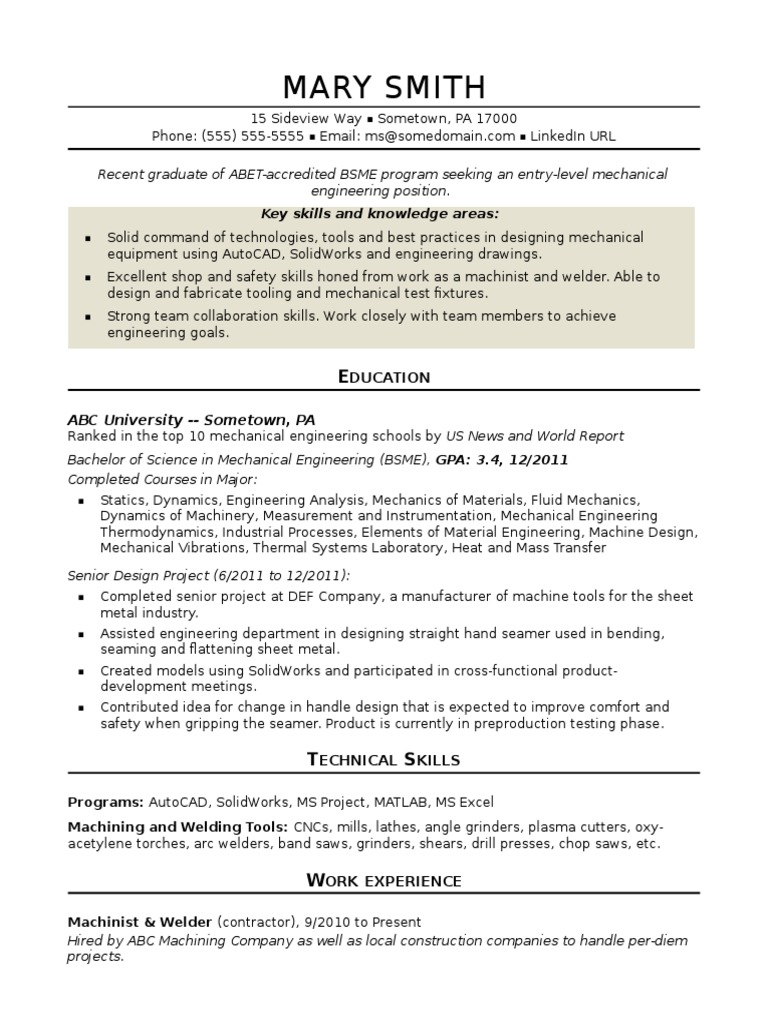 Sample Resume Mechanical Engineer Entry Level PDF Metal Fabrication Welding