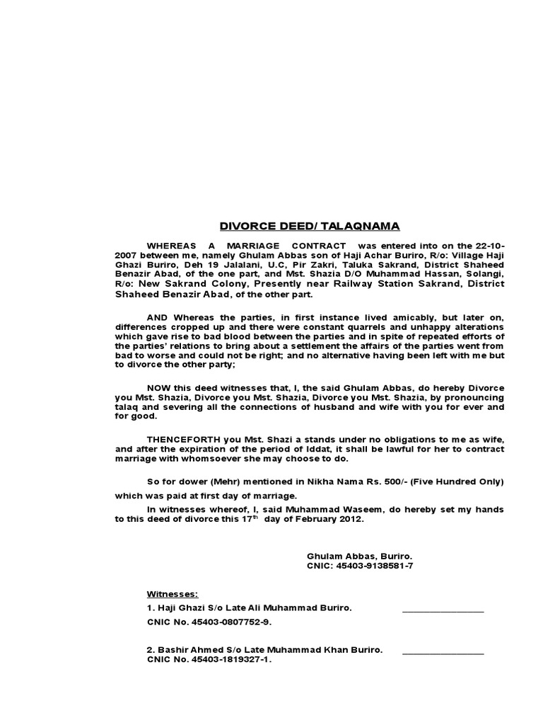 Divorce deed wife family law