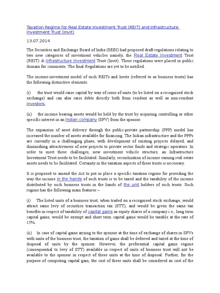 Taxation Regime For Real Estate Investment Trust REIT and