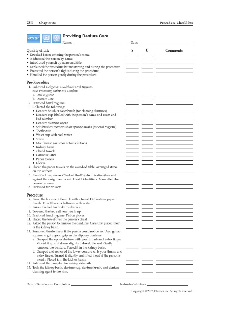 Quality of Life S U Comments: Procedure Checklists | PDF | Oral Hygiene ...