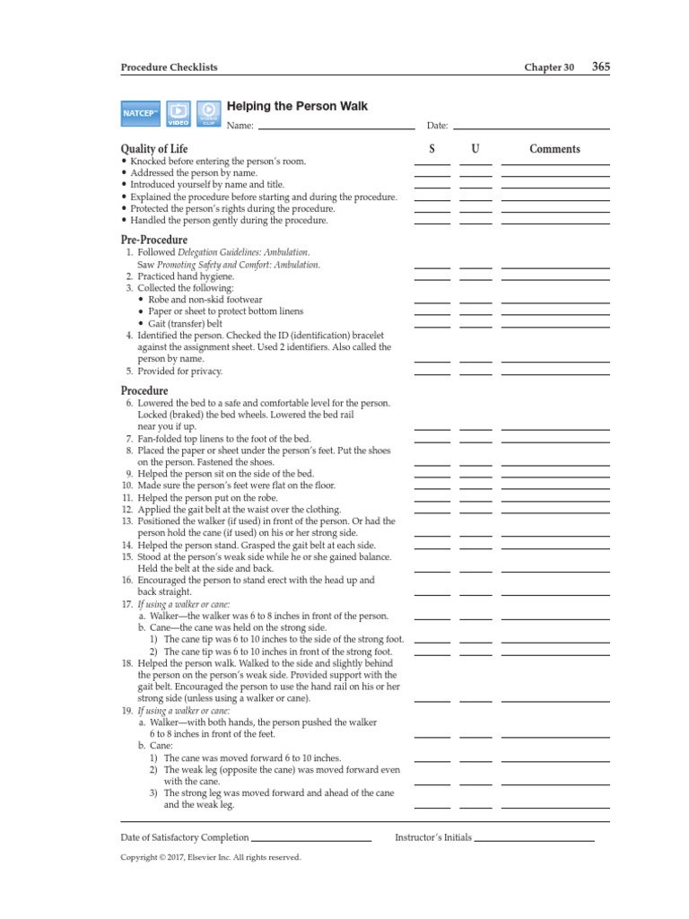 Quality of Life S U Comments: Procedure Checklists | PDF | Walking | Sports